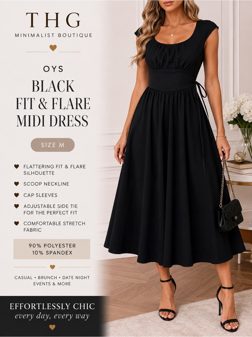 OYS Black Fit & Flare Midi Dress Tie Back Stretch Boutique Size M NWT